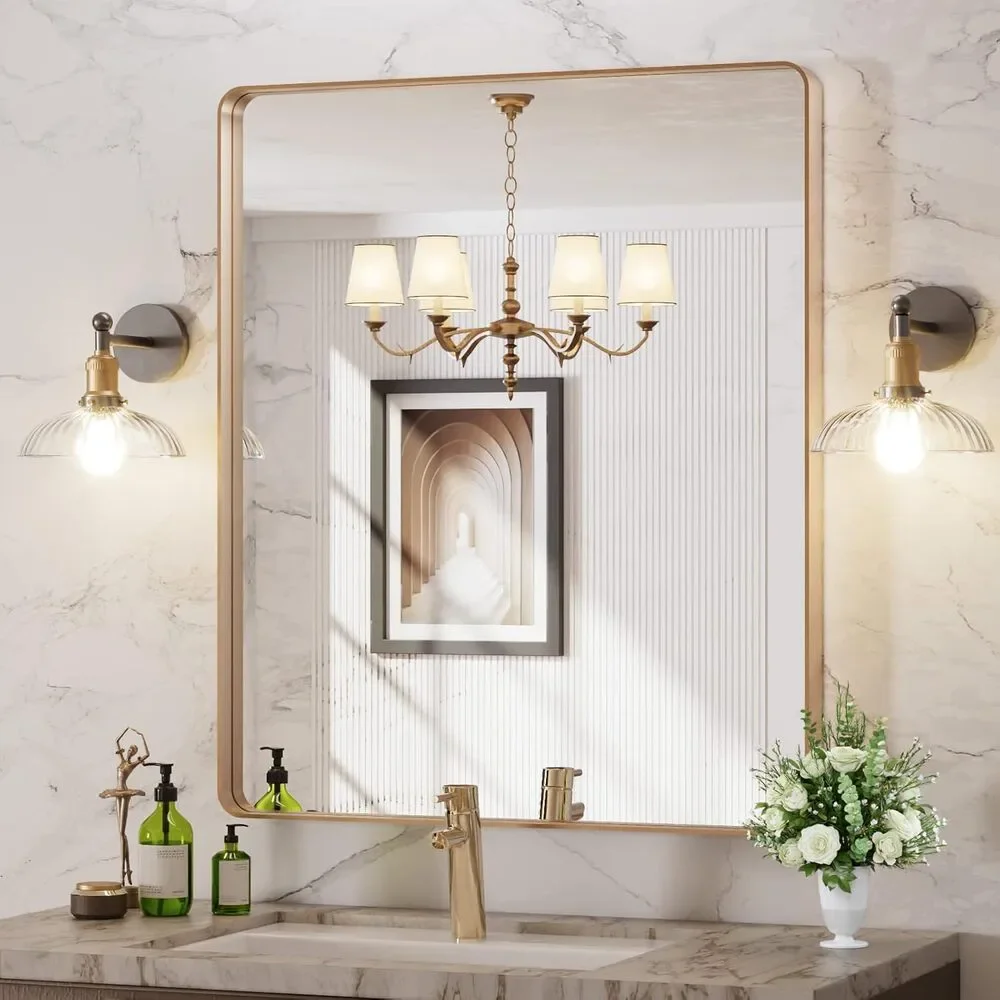 LOAAO 30x36 Gold Bathroom Mirror Rounded Rectangle Vanity Wall Mirror
